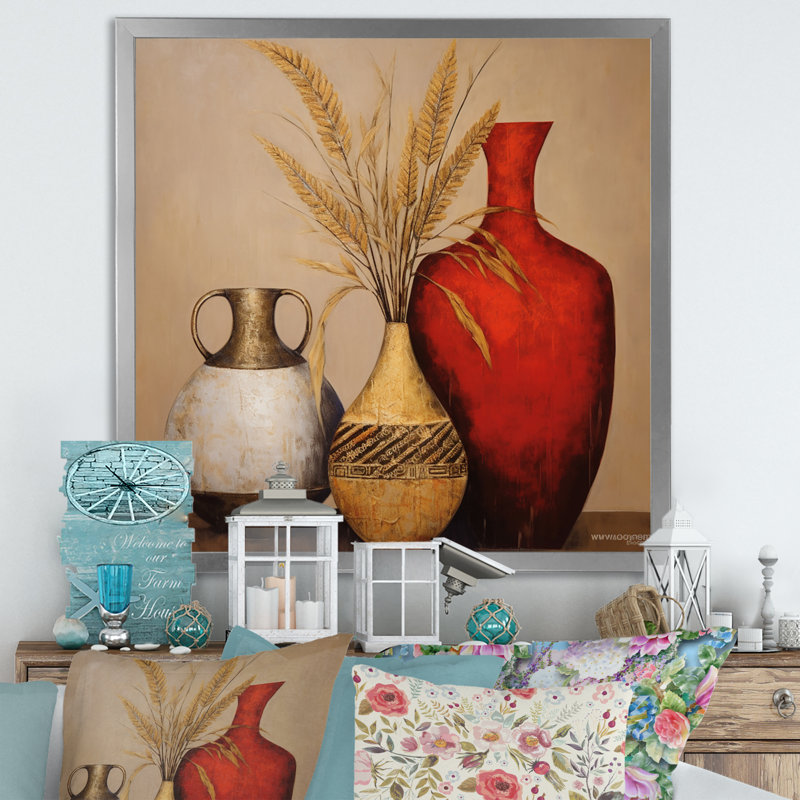 Nature morte avec vase gracieux «I» sur toile, H 16 po x l 16 po x P 1 po, Cadre simple argenté