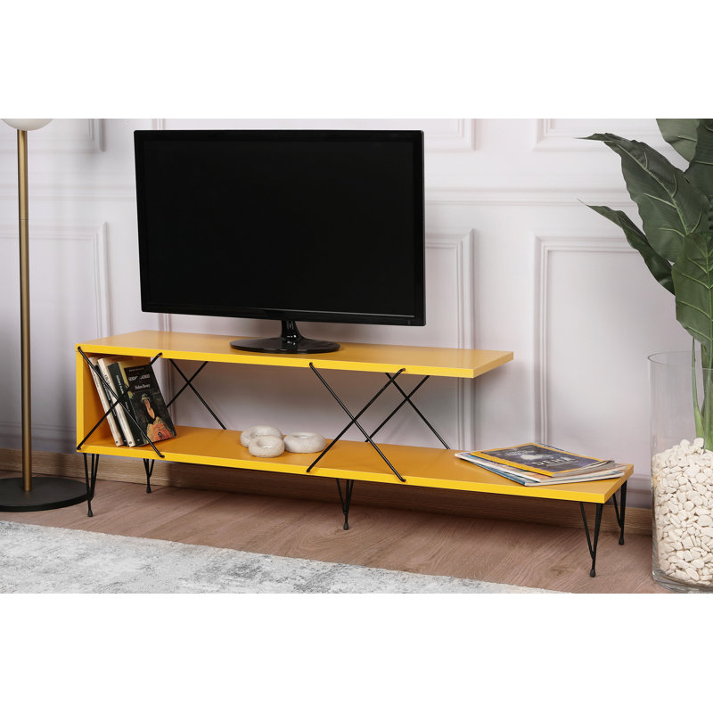 Stylish TV Stand with Iron Legs, Yellow, 47.2 x 15.7 x 11.8 inches | 100% Melamine Coated Particle Board, Thickness: 0.7 inches | Numerous Shelves for Storage, Perfect for Living Room & Entertainment Spaces