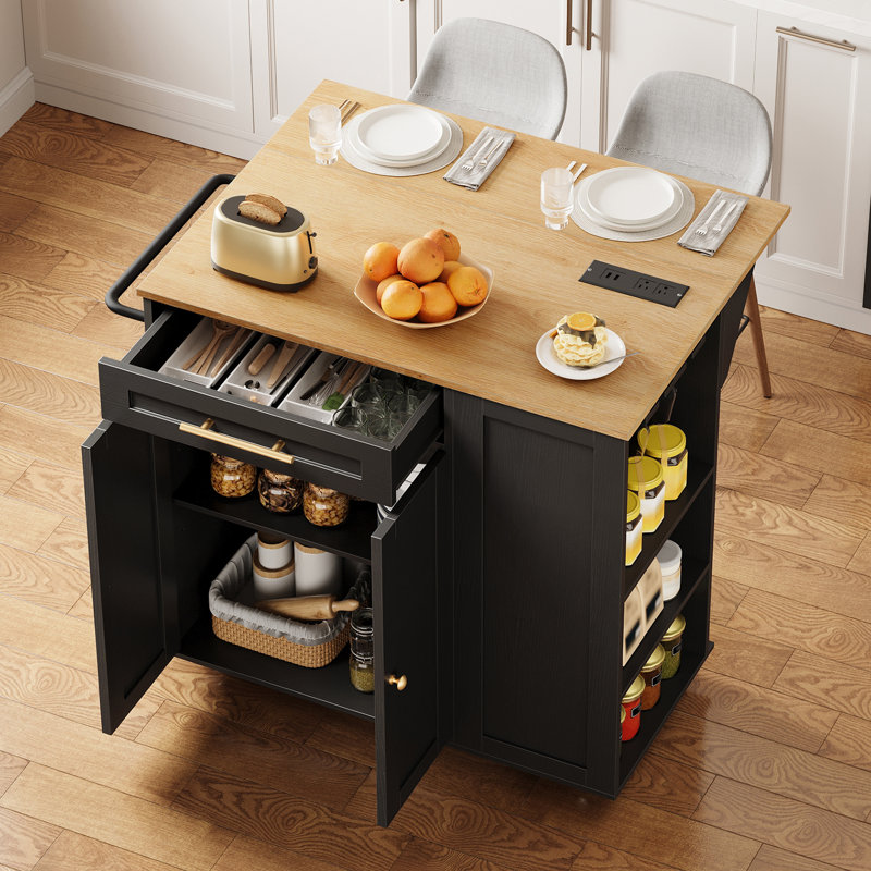 Îlot de cuisine Chariot pour îlot de cuisine avec abattant, prises de courant et porte-serviettes, Noir