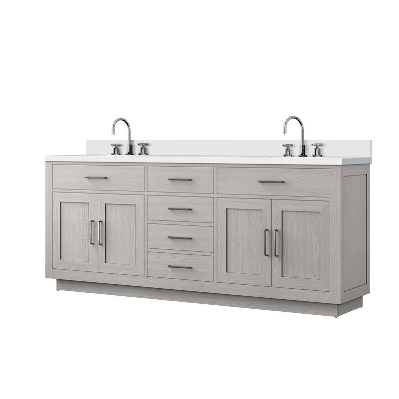 Meuble-lavabo double 80 po, Chêne gris, Quartz blanc