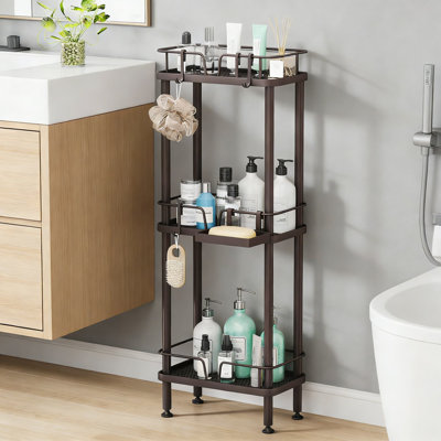 Étagère de coin pour chariot de douche - Étagère de salle de bain en acier inoxydable antirouille à 3 niveaux avec porte-savon et crochets pour un rangement peu encombrant