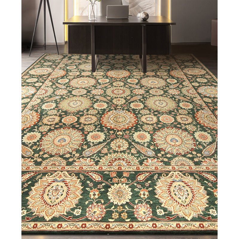 Hand Knotted Wool Area Rug in Dark Green