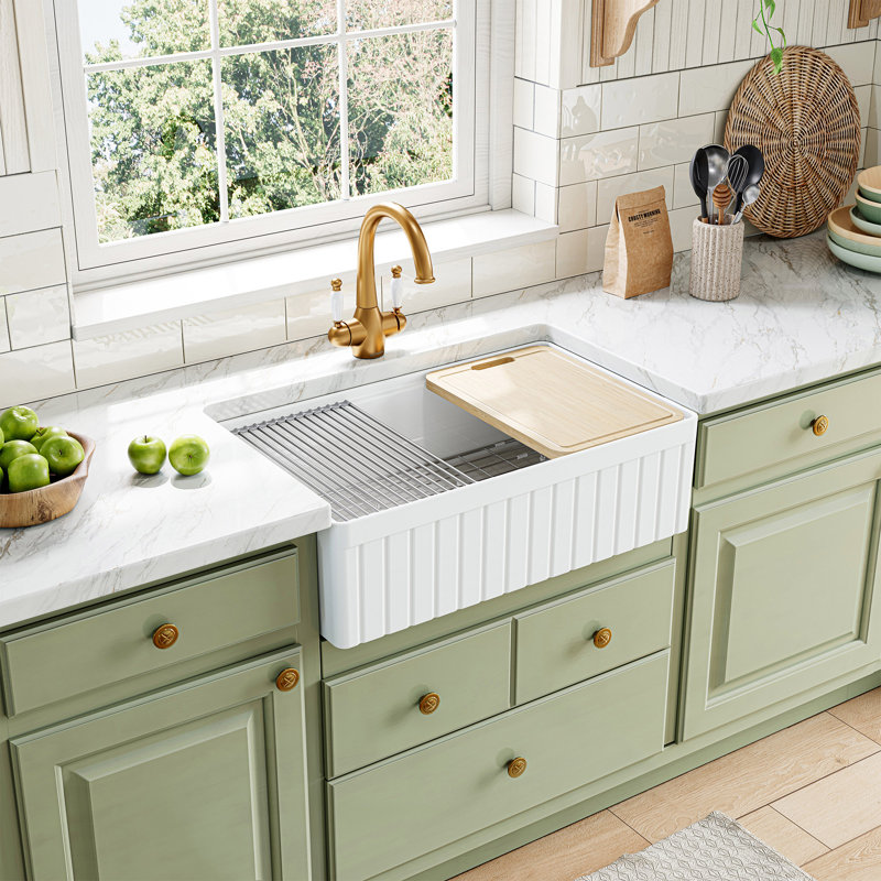 White Fireclay 33 in. Single Bowl Farmhouse Apron Workstation Kitchen Sink with Cutting Board, Bottom Grid, Strainer