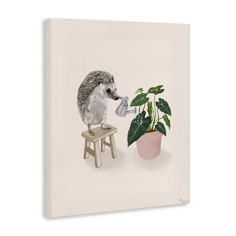 «Hedgehog Watering Plant», art mural sur toile par Tara Royle, H 30 po x l 24 po