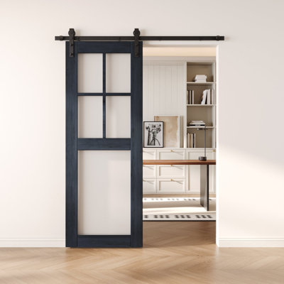 26x80 Navy Color 5-Lite Frosted Glass Design Finished Unassembled Solid Wood Sliding Barn Door Only