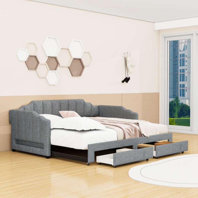 Twin XL Extendable Upholstered Daybed with Trundle, LED Light and Storage Drawers, Gray