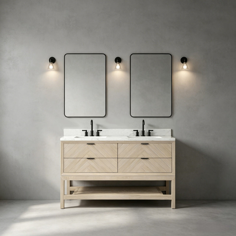 60" Freestanding Double Sink Solid Wood Natural Oak Bathroom Vanity with Engineered Marble Top, White Washed Oak