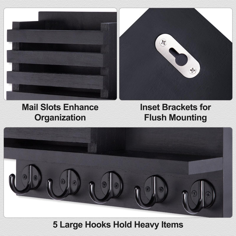 Decorative Wooden Mail Holder and Key Shelf with Mounting Hardware, Black