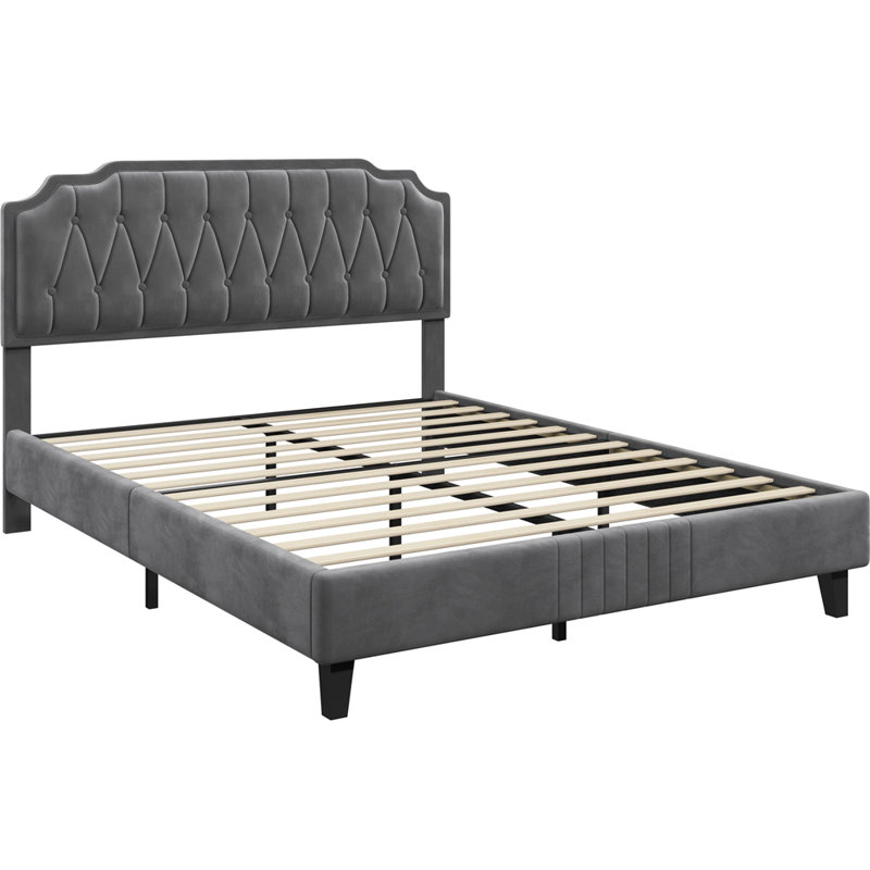 Upholstered Bed Frame with with Diamond Button-Tufted Headboard, Dark Grey, King