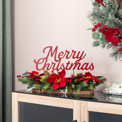 24"L Metal "Merry Christmas" Poinsettia CenterPiece