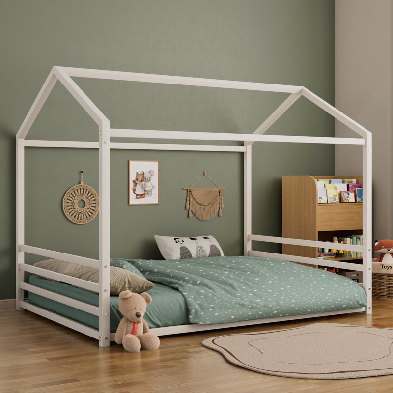 Montessori Style Metal Floor Bed Frame, House Shaped Bed with Guardrails, No Slats, Twin, White