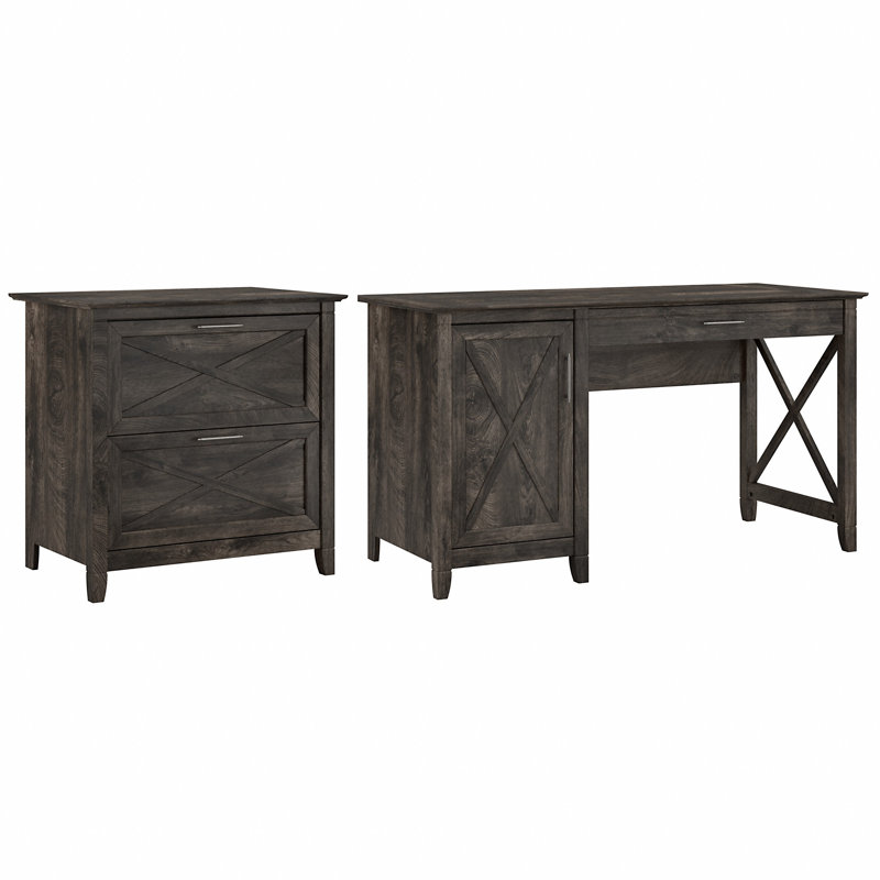 Bureau d'ordinateur et classeur latéral à 3 tiroirs Ozro, Hickory gris foncé