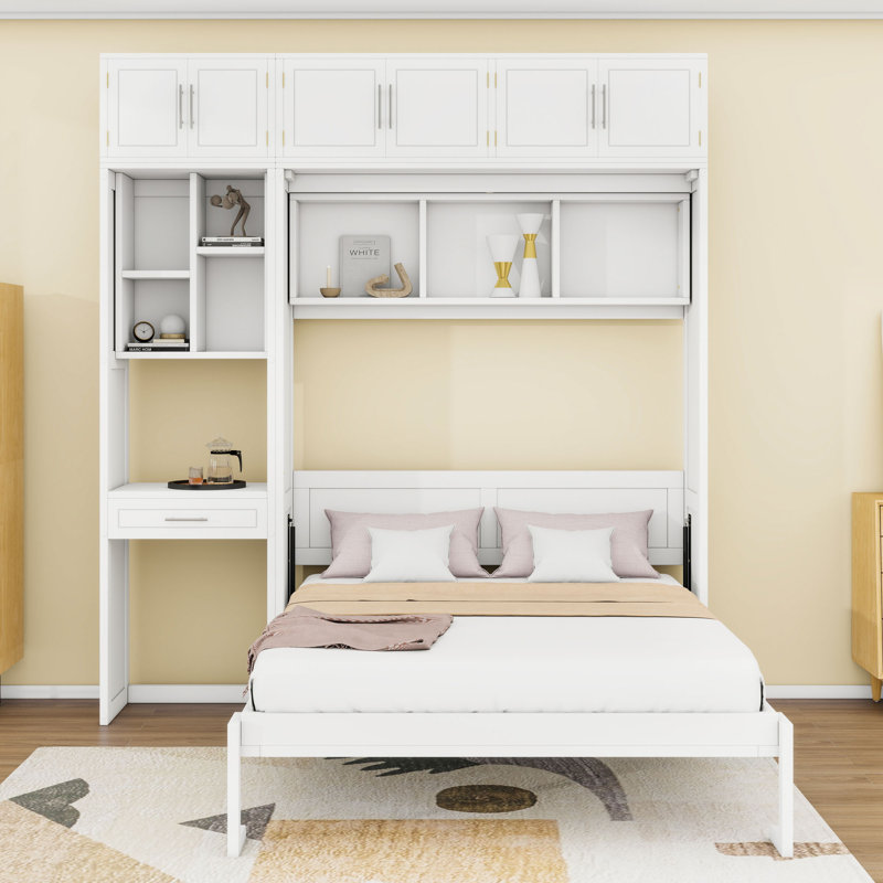 Lit escamotable avec armoires, bureau encastré et tablettes Murphy, Double, Blanc