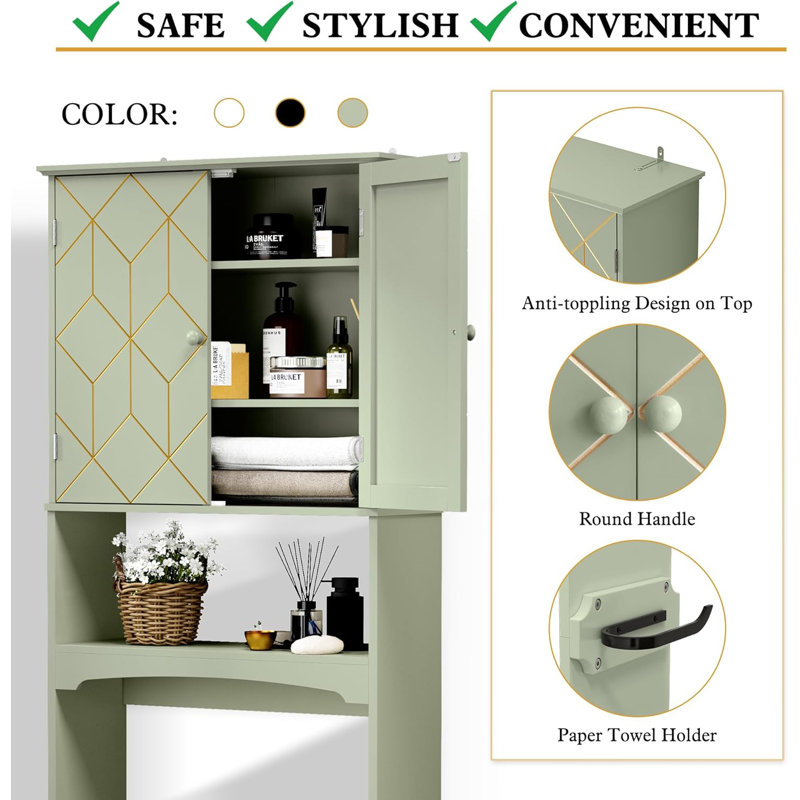 Over The Toilet Storage Cabinet With Gold Trim, Modern Bathroom Organizer Over Toilet With Adjustable Shelves And Toilet Paper Holder For Bathroom (Black)