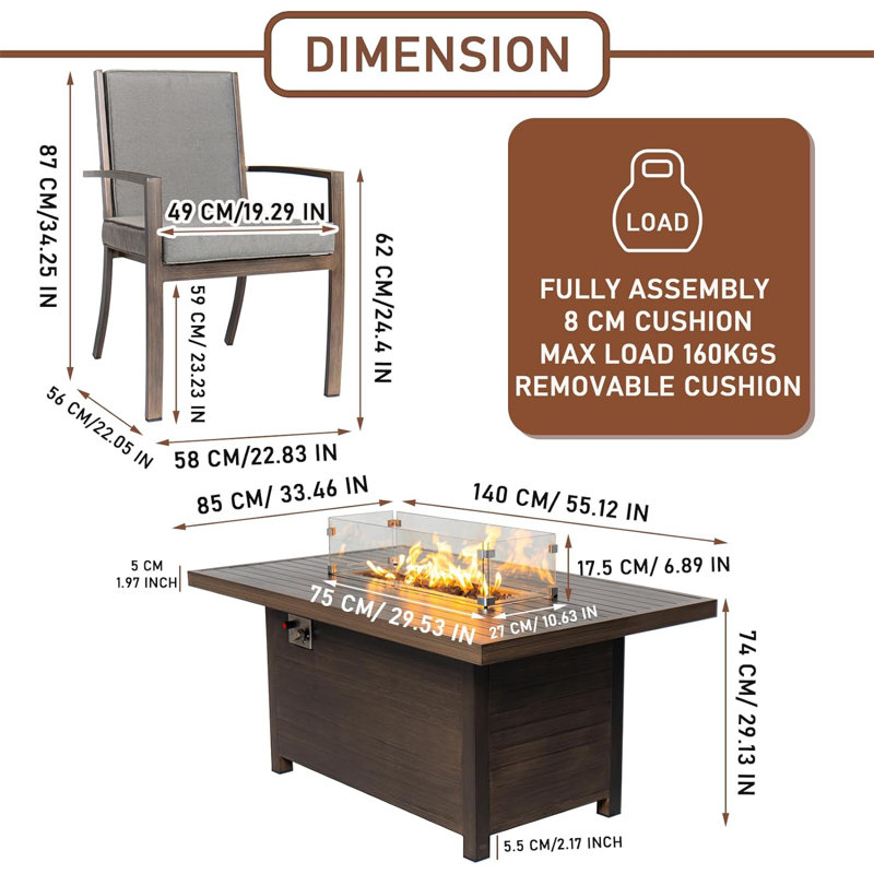 Ensemble de salle à manger 7 pièces pour patio avec table foyer et 6 fauteuils, 6
