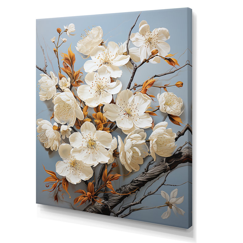 Minimalisme blanc et bleu cerisier en fleurs II sur toile, Toile tendue, H 32 po x l 16 po
