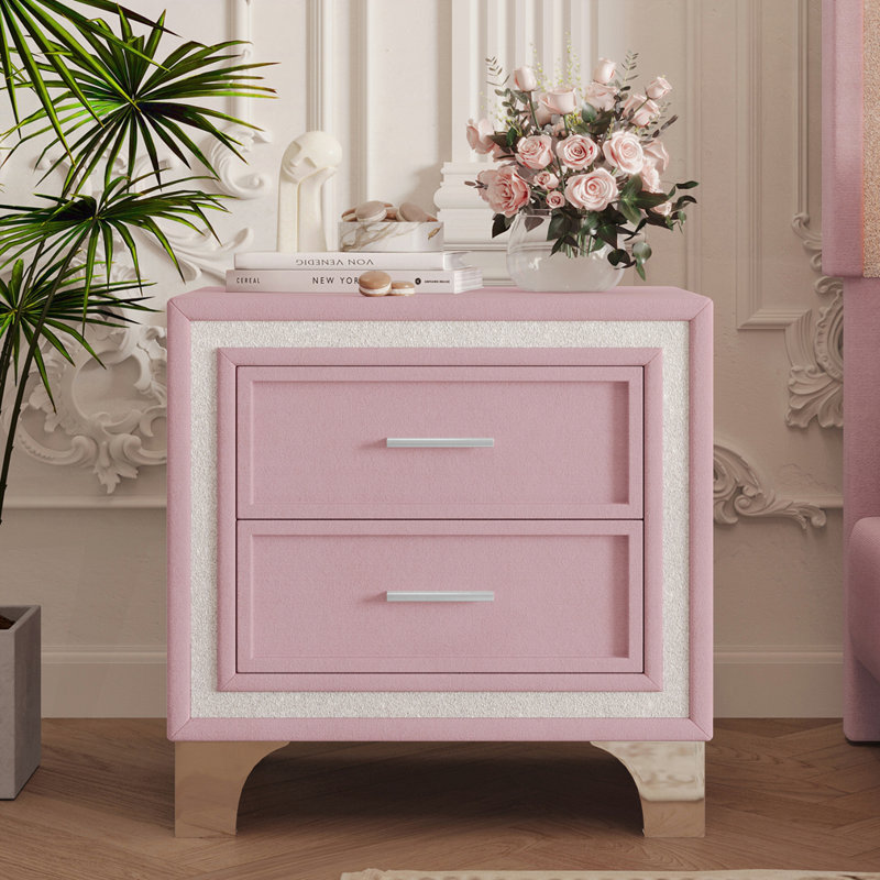 Table de chevet Trey avec bande pailletée argentée et tiroirs, Rose