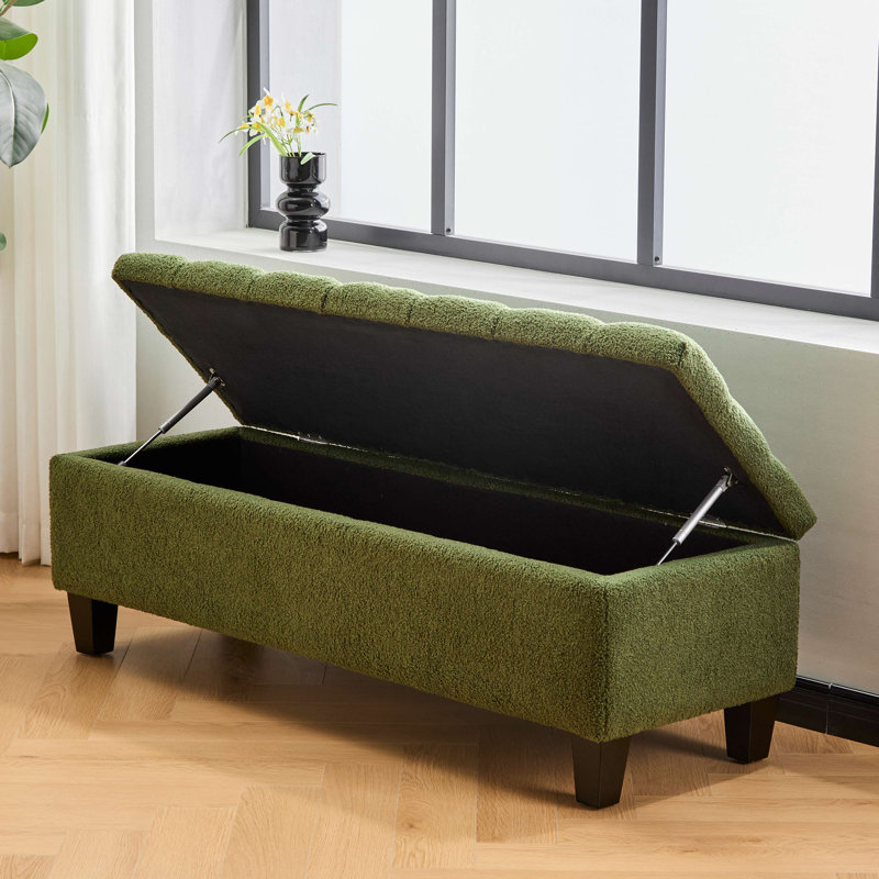 Banc repose-pieds avec rangement, surface bouclée, pieds en bois d'hévéa, Vert