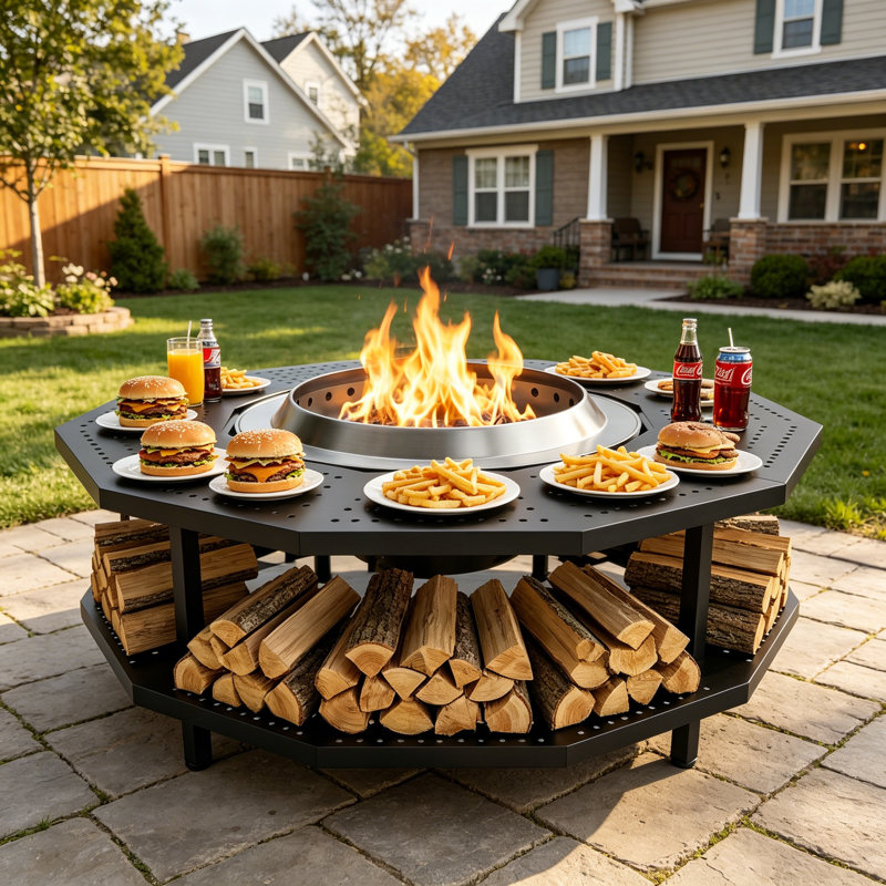 41" Fire Pit Surround Tabletop with Firewood Storage Shelf Protective Barrier, 14" H x 32" W x 32" D