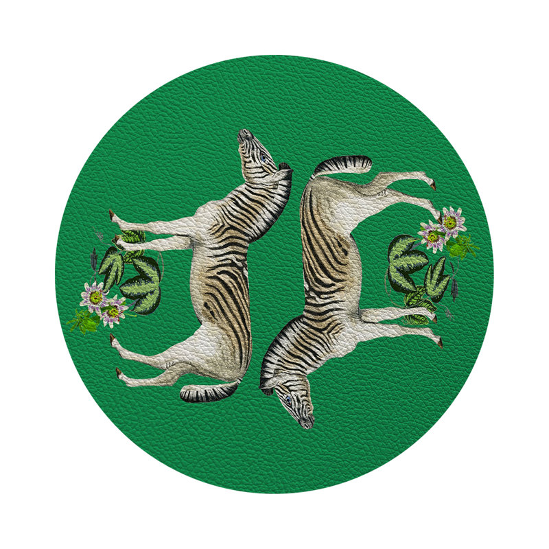 Zebra Seeing Double Vegan Leather Round Coasters, Kelly