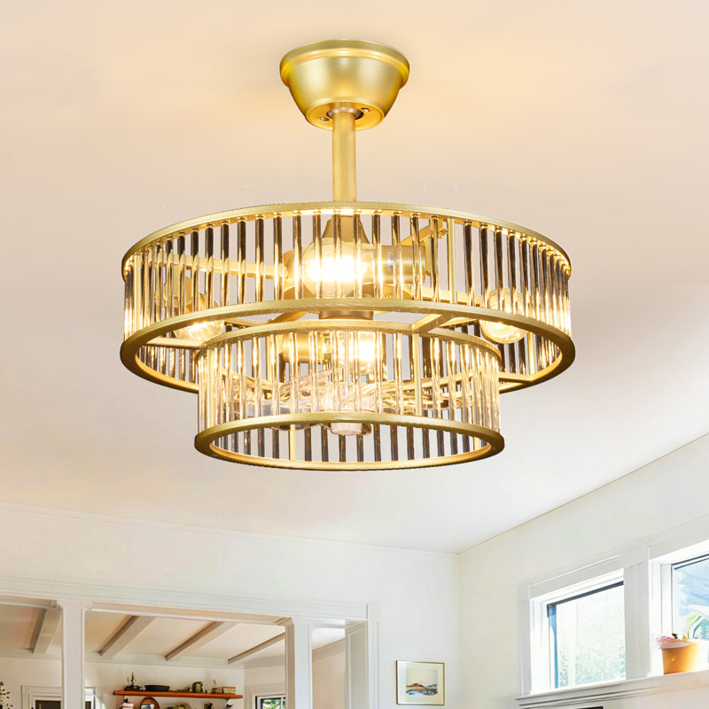 20 Inch Modern Crystal Ceiling Fan with Lights Invisible Blades, Luxury  Downrod Mount Gold Fandelier with Remote Control,  LED Chandelier Fan for Bedroom Living Room，4*E26(（Bulbs excl）