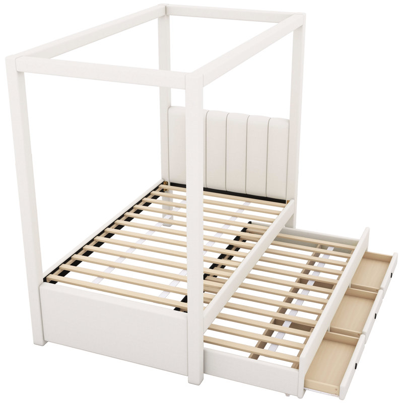 Lit plateforme simple avec auvent, lit gigogne et compartiments de rangement, lit à baldaquin tapissier beige
