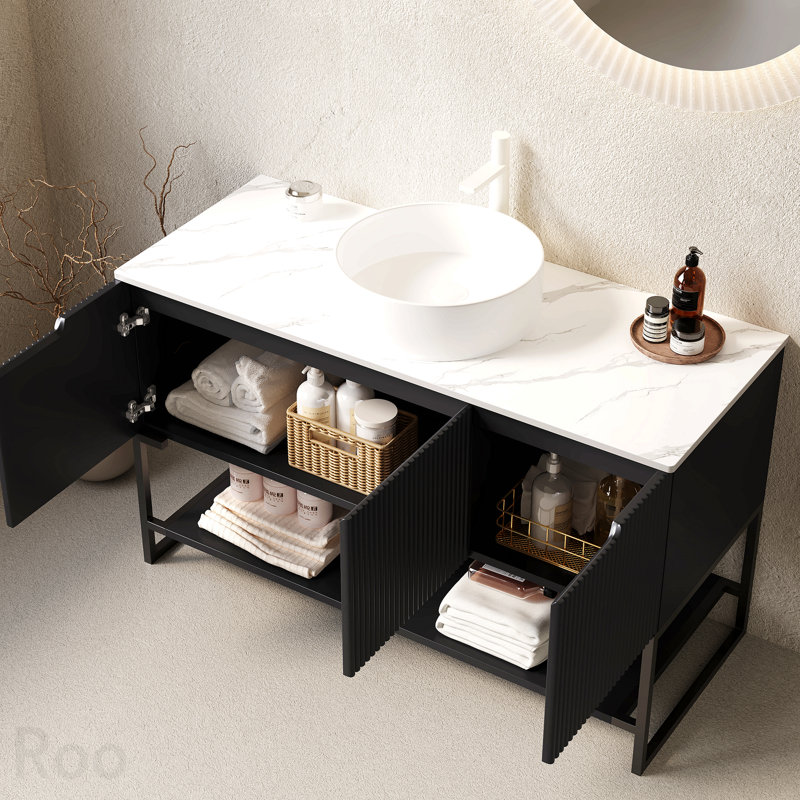 Bathroom Storage - TULIO 48" Bathroom Vanity with Sink, Freestanding Bathroom Storage Cabinet with 3 Doors and Open Shelf, White Round Ceramic Vessel Basin and Carrara White Sintered Stone Countertop, Black