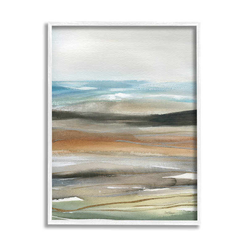 Peinture abstraite de paysage par Carol Robinson, H 11 po x l 14 po x P 1,5 po, Giclée encadrée blanc bord de mer