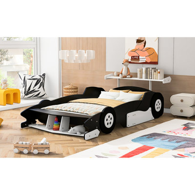 Lit de voiture de course simple noir avec roulettes - Assure que la chambre à coucher d'une bonne nuit de repos en forme de voiture stable offre un maximum de confort