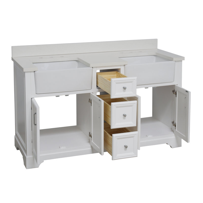 Ensemble de meuble-lavabo double 60 po Emiliano, Blanc, Quartz