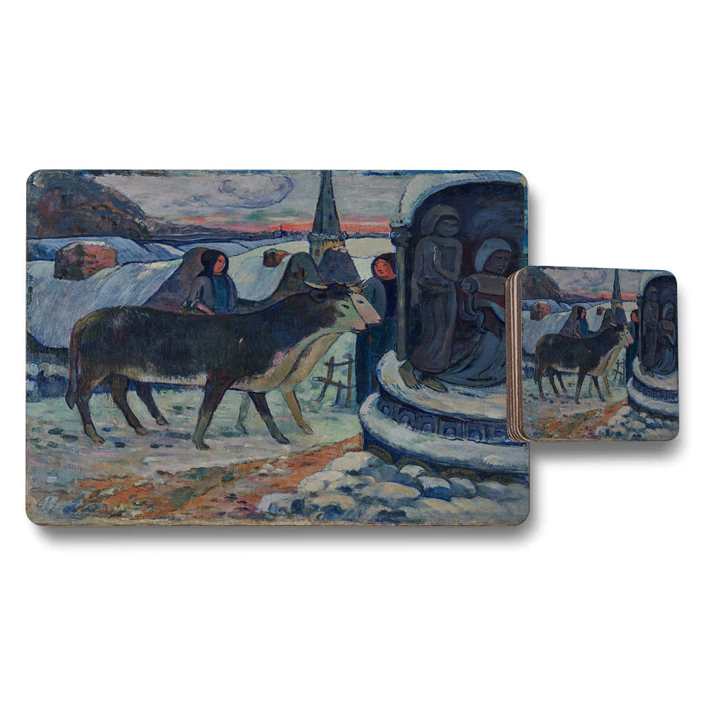 Impressionist Style Placemat And Coaster Set With Village Scene Painting