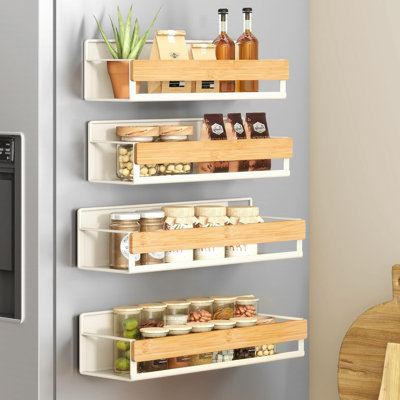 Support à épices magnétique pour réfrigérateur, paquet de 4, 2 grandes et 2 petites tablettes magnétiques de cuisine pour machine à laver, organisateurs d'épices, pas de perçage nécessaire, blanc crème et bambou clair