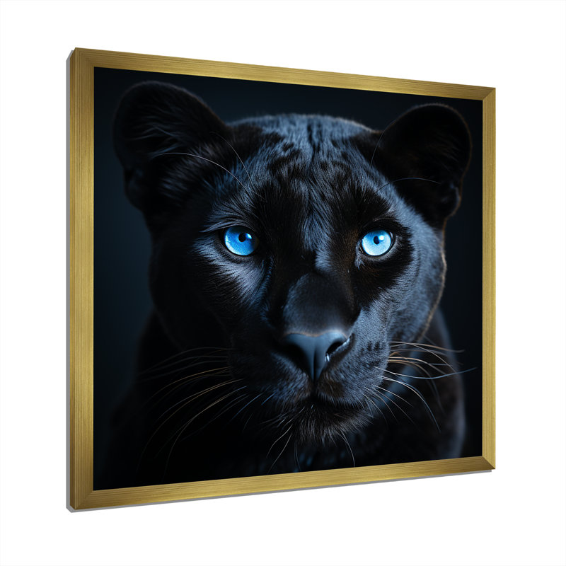 «Blue and Black Panther Portrait II» - art mural animal de panthère, H 36 po x l 36 po x P 1,5 po, Cadre doré simple