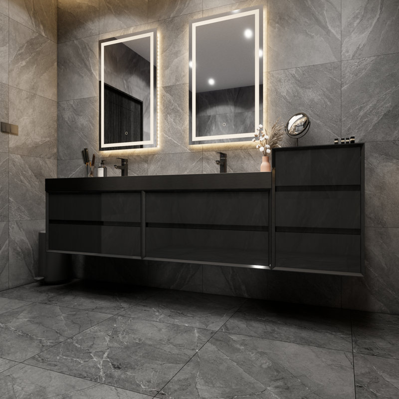 Golitz 103.5'' Double Bathroom Vanity with Stainless Steel Top, Glossy Black