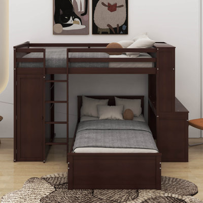 Lit mezzanine simple avec tablettes, bureau et garde-robe