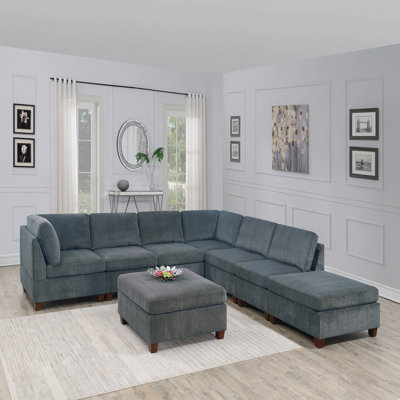 Meuble de salon modulaire chenille gris modulaire 8 pièces grand canapé en L modulaire moderne 2X coin coin 4X chaises sans accoudoirs et 2X repose-pieds en contreplaqué