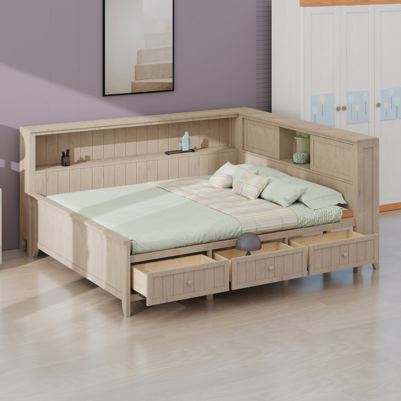 Lit plateforme en bois avec tablettes de rangement, tiroirs, station de charge et tête de lit tapissier, Lit double