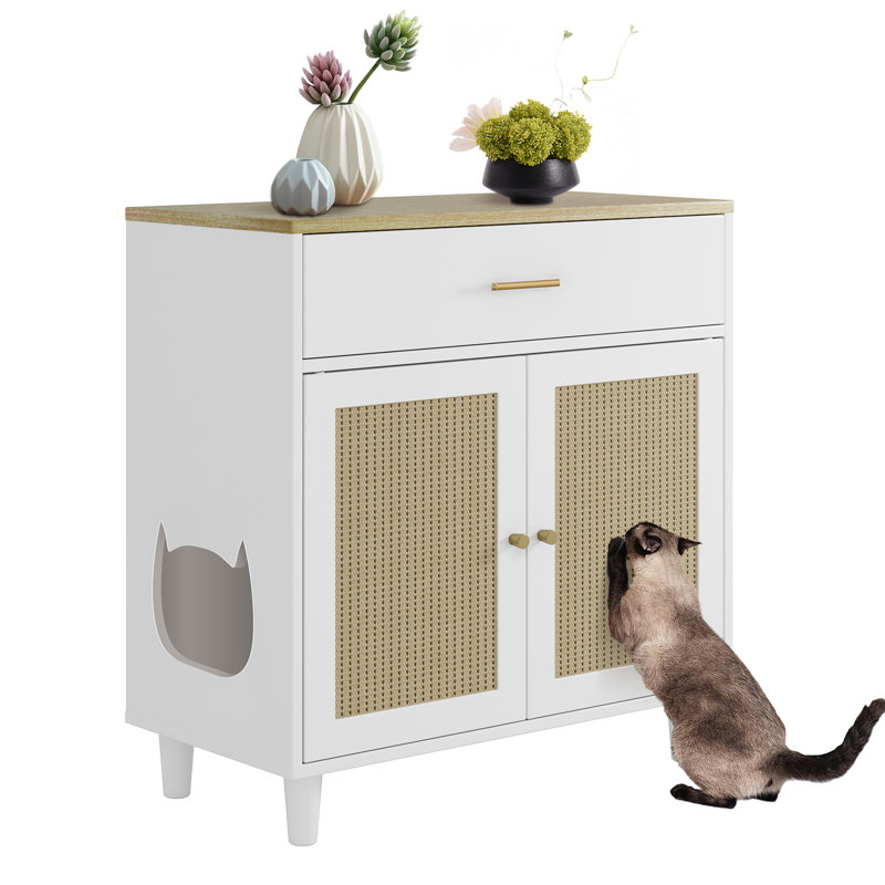 Litière cachée pour chat | Armoire à litière en bois pour chat avec tiroir et rangement en sisal à l'épreuve des chiens
