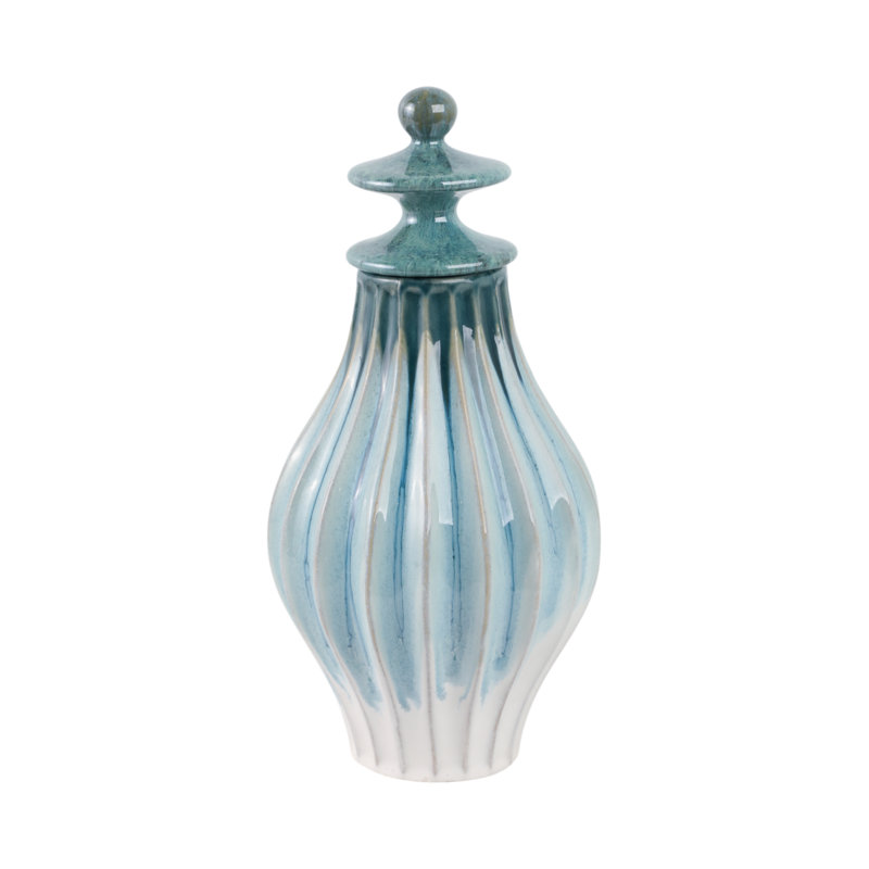 Stoneware Ceramic Decorative Jar with Lid Textured Modern Accent Piece for Home Decor., Green, Overall Height - 15"