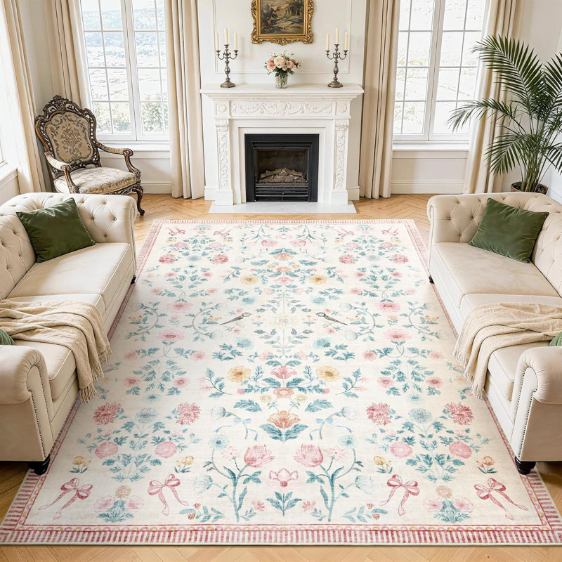 Tapis floral 8 x 10 pliable lavable et antidérapant pour bureau de salle à manger, rose, Rectangulaire 8 pi x 10 pi, Rose