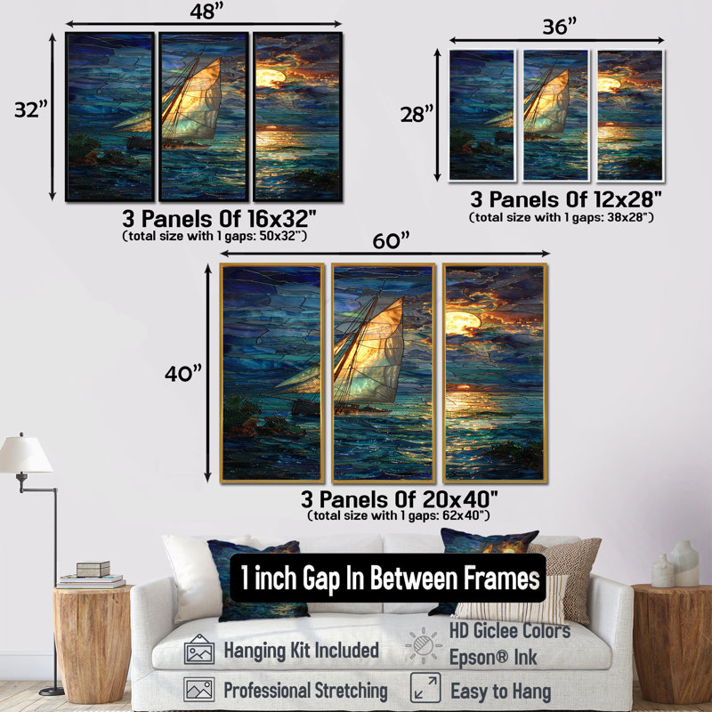 Voilier sur des vagues turquoise sous la pleine lune blanche - ensemble d'art mural plage et océan, Cadre flottant brun