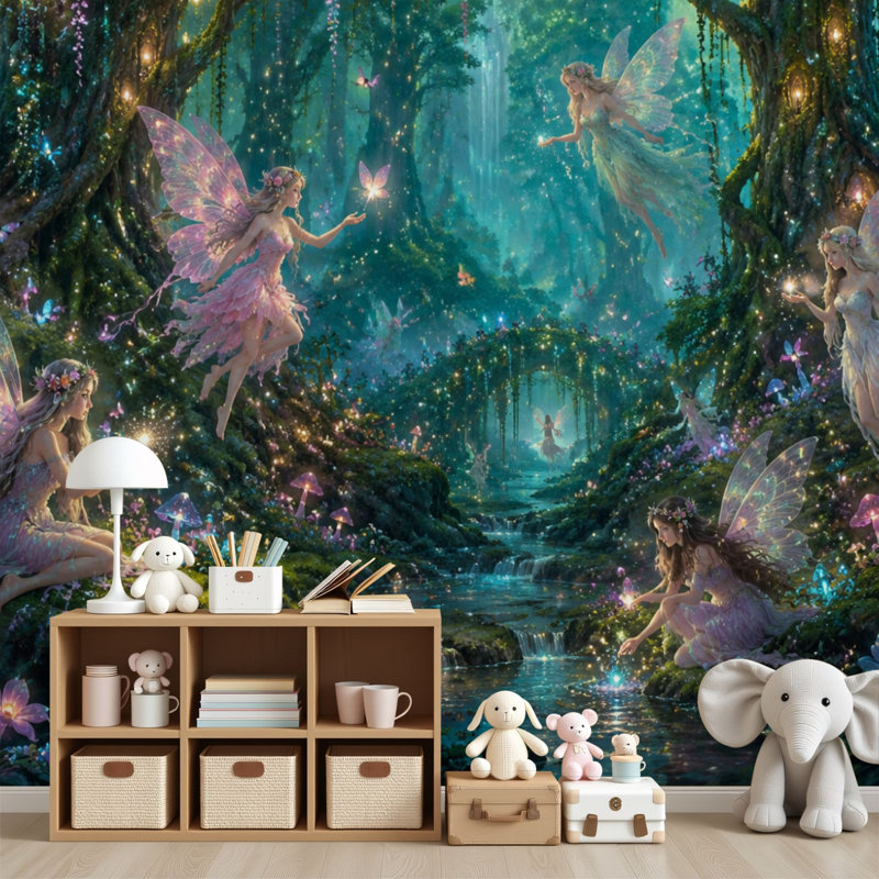 Papier peint adhésif à suspendre Ethereal Forest Fairy Dance Butterfly Lights Wall Murals, 96" L x 69" W
