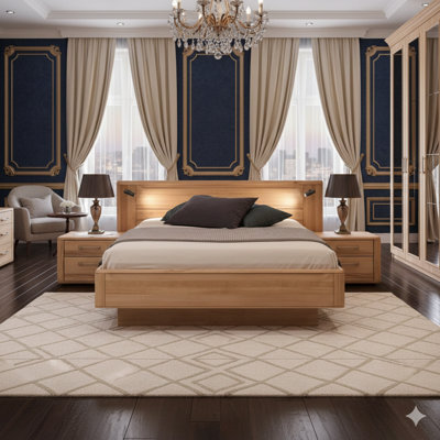 Nicole Solid Beech Platform Bed With 2 Nightstands | Integrated LED Lights | Eco-Friendly Finish