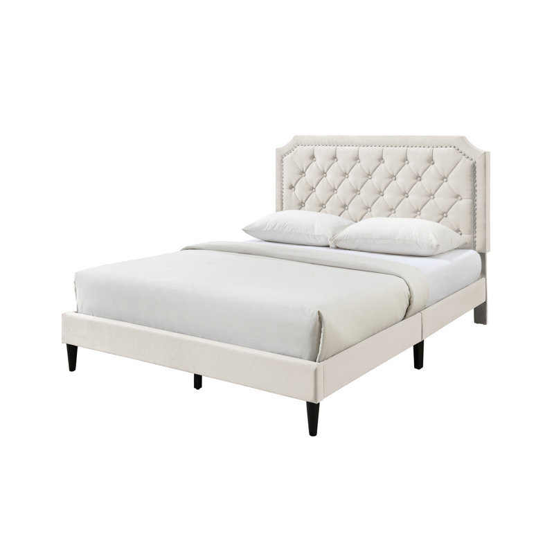 Ava Tufted Velvet Upholstered Low Profile Platform Bed with Nailhead Trim, Queen, Beige
