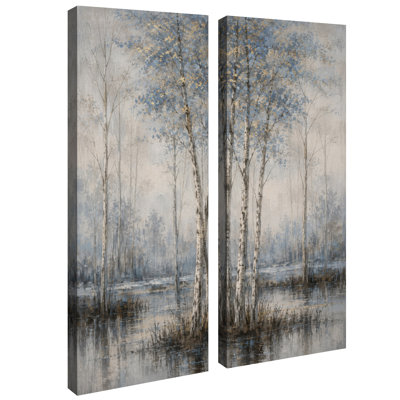 Bouleaux bleus et dorés au bord de l'eau - Décoration de forêt - Ensemble de 2 impressions sur toile encadrées 32 po x 12 po x 2 po