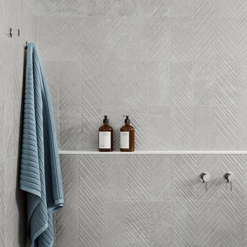 Stoneside Chevron 12x36 Textured Matte Ceramic Tile, Pearl Gray