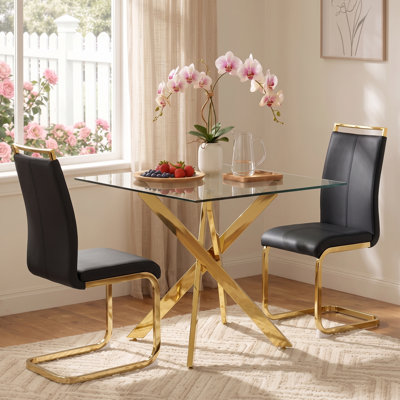 35" Modern Minimalist Square Tempered Glass Dining Table with X-Cross Metal Base