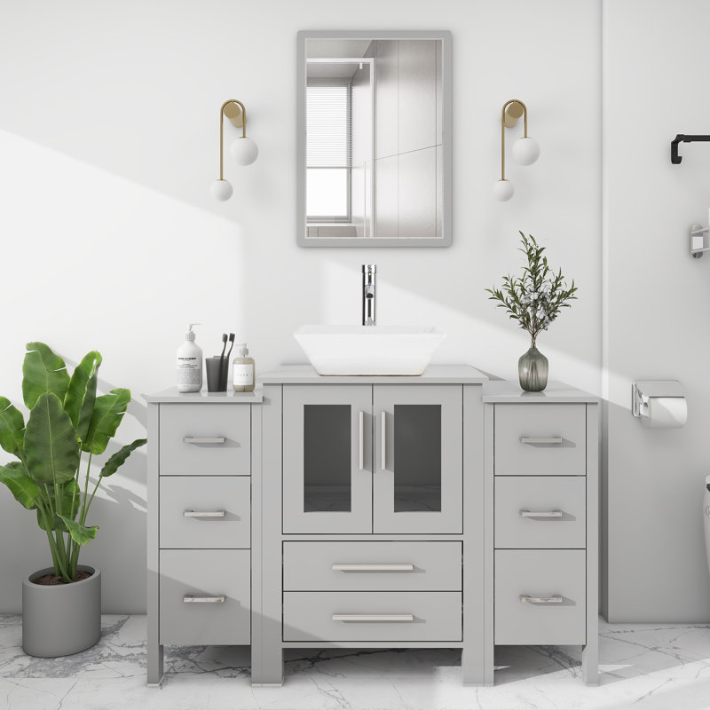 Sharee Freestanding Single Bathroom Vanity With Ceramic Vessel Sink, Manufactured Wood Top, 2 Side Cabinets, Gray