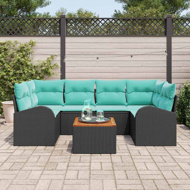 Ensemble de canapé de jardin vidaXL 7 pièces en rotin de polyester noir et turquoise