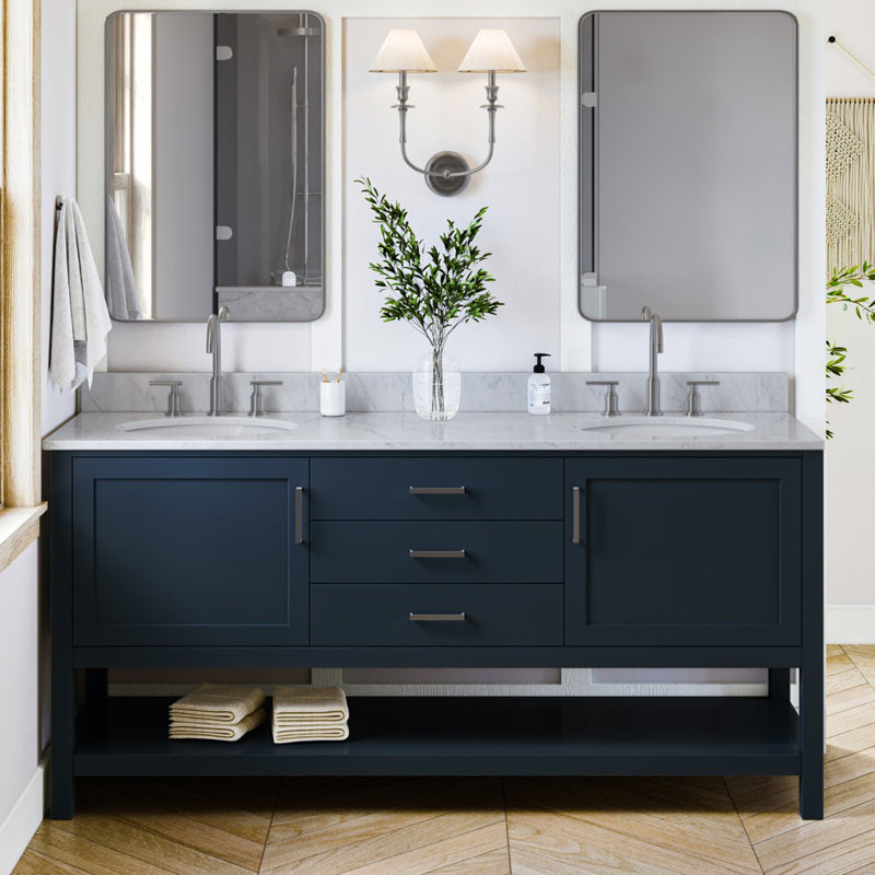73'' Double Bathroom Vanity with Carrara Marble Top, Midnight Blue, 73", Rectangle